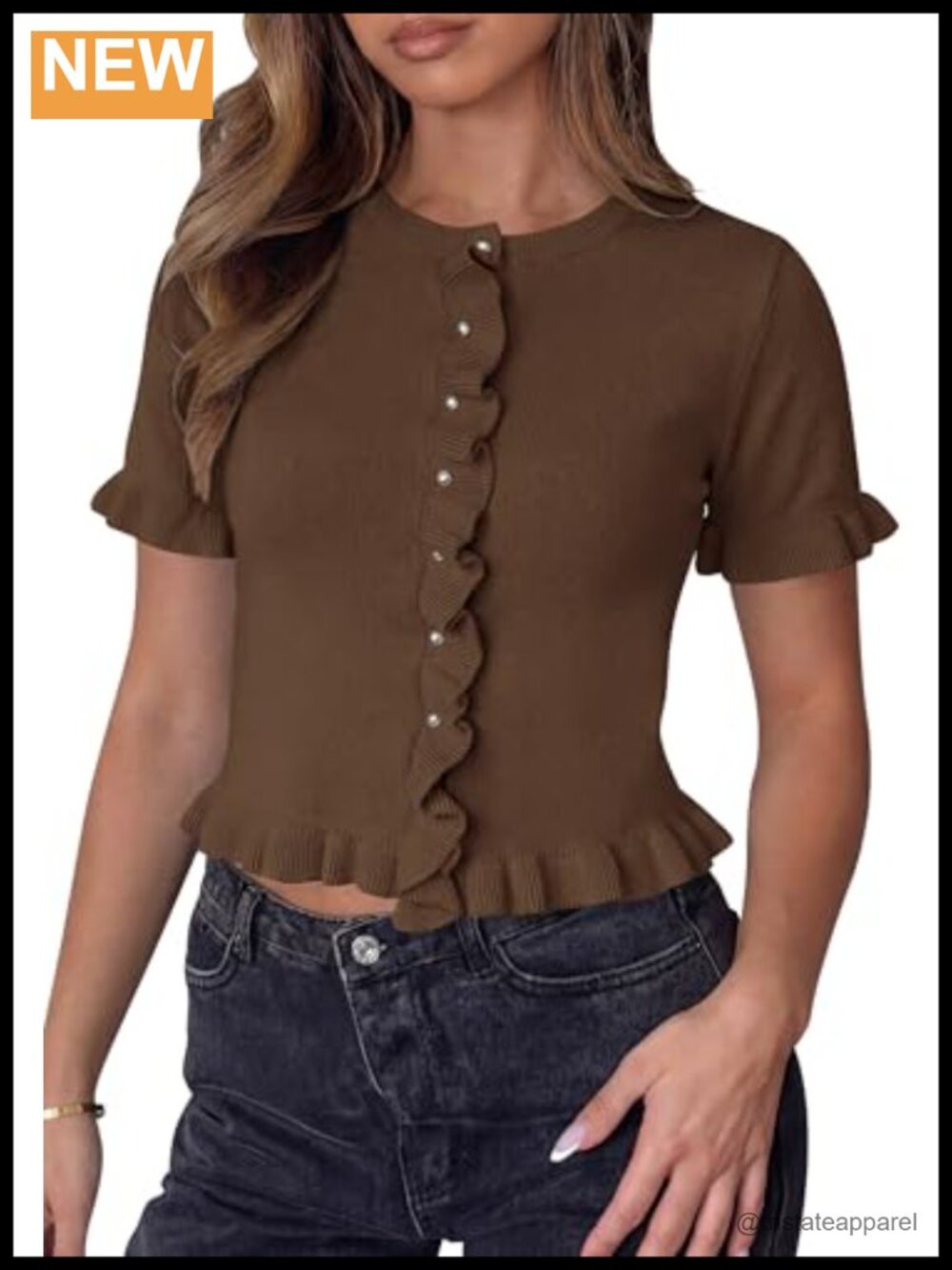 Women's Ruffle Cardigan Short Sleeve Button Down Lightweight Knit Top